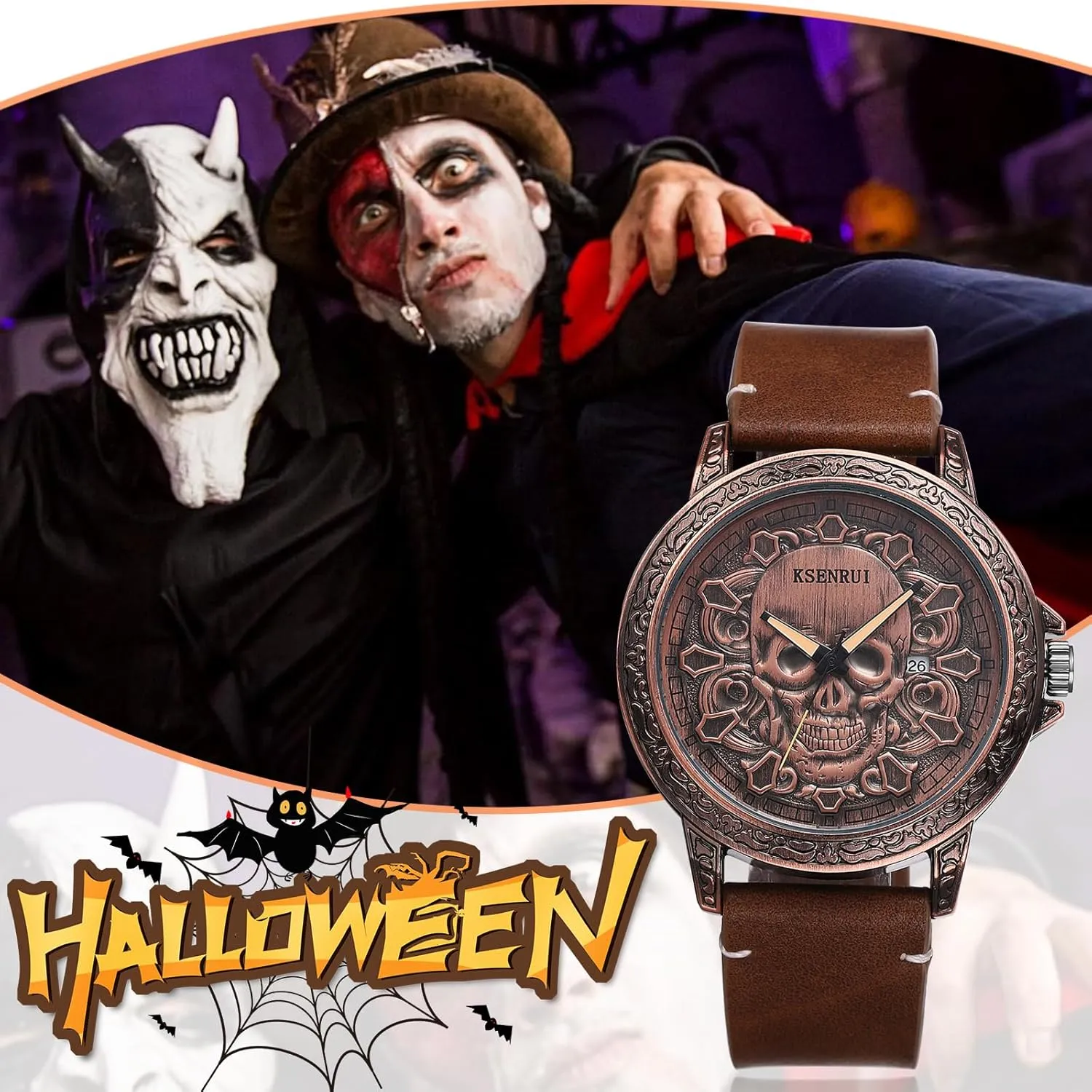 Leather superficial regulate hull Wristwatch JewelryWe Punk Skull Leather Watches: Cool Round Analog Quartz Calendar Watch Mens Gothic 