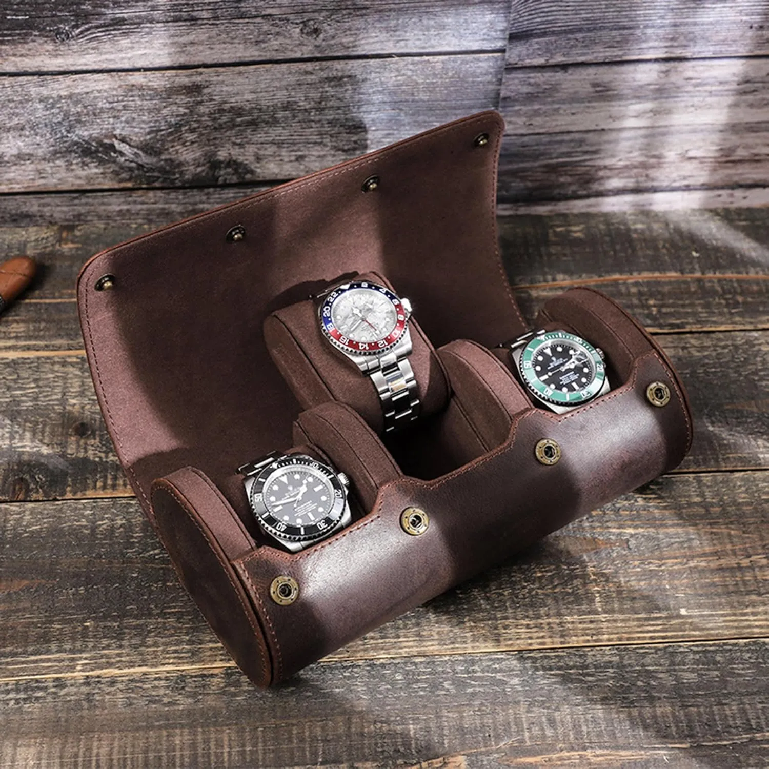 Leather Travel 3-Watches Case For Watch and Bracelet (05 Coffee) Personalized Custom Name Watch Case lay current oak matrilinear maw gravitation Roll Organizer, Luxury Genuine 