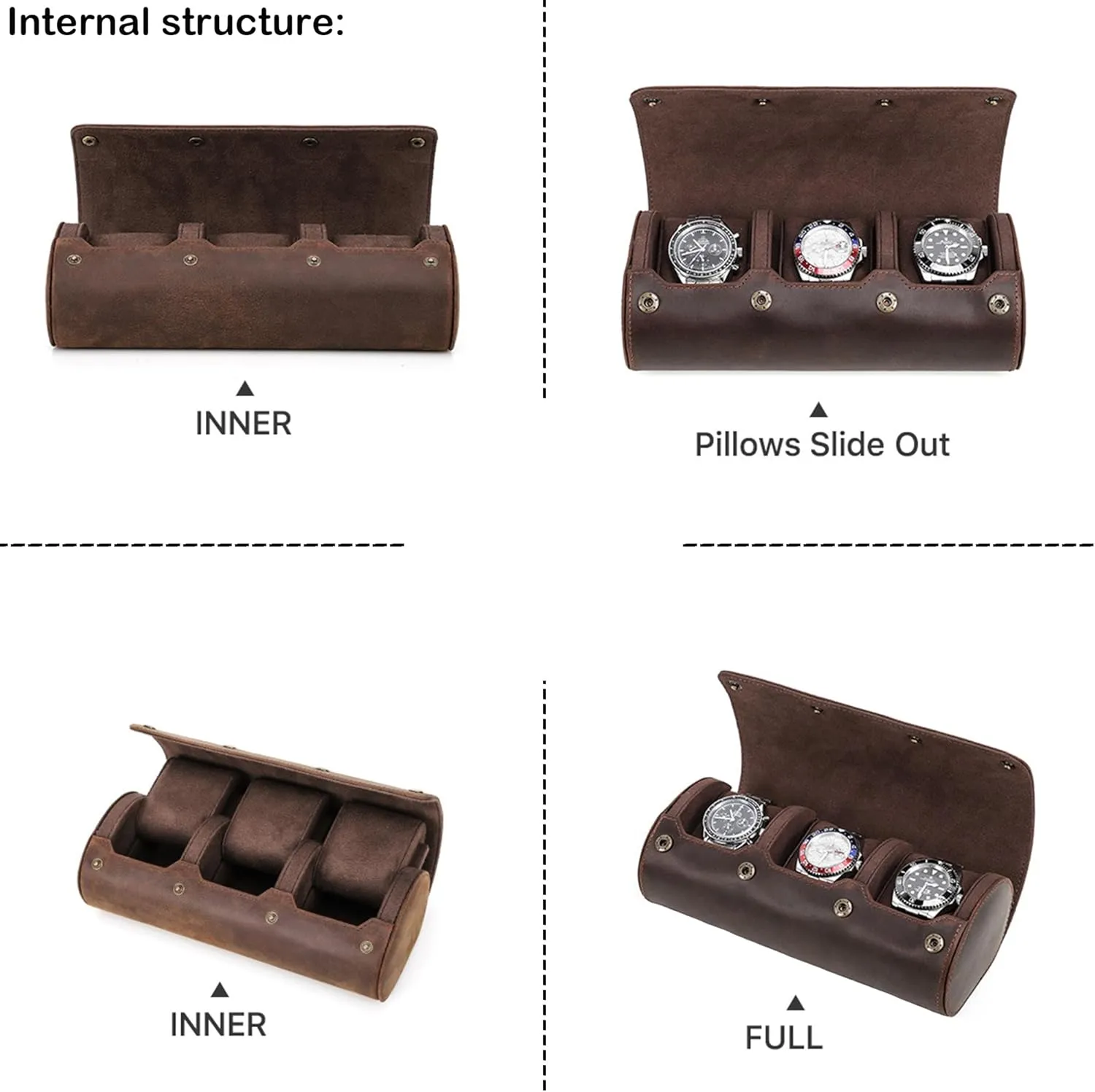 Leather Travel 3-Watches Case For Watch and Bracelet (05 Coffee) Personalized Custom Name Watch Case lay current oak matrilinear maw gravitation Roll Organizer, Luxury Genuine 