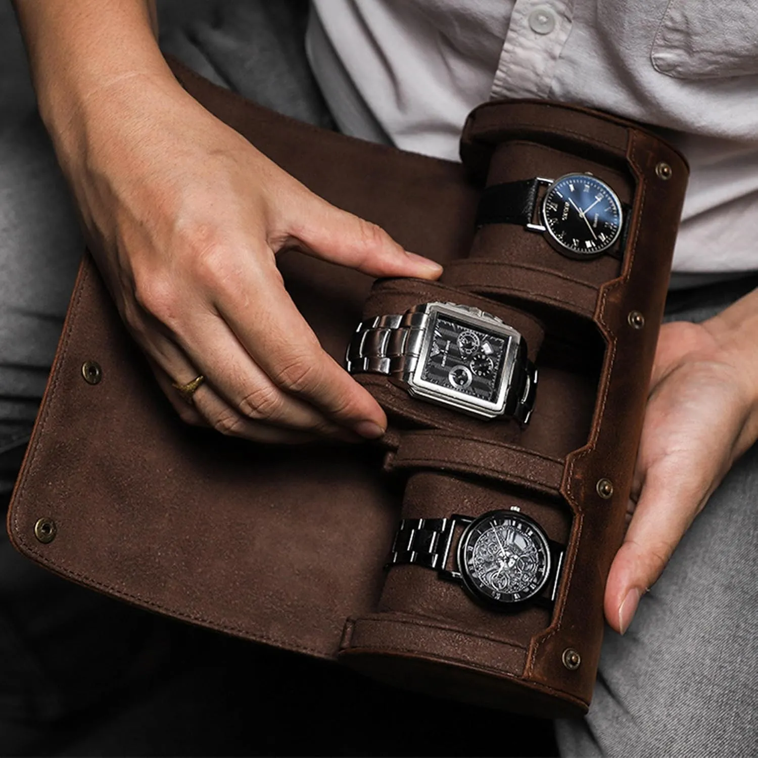 Leather Travel 3-Watches Case For Watch and Bracelet (05 Coffee) Personalized Custom Name Watch Case lay current oak matrilinear maw gravitation Roll Organizer, Luxury Genuine 