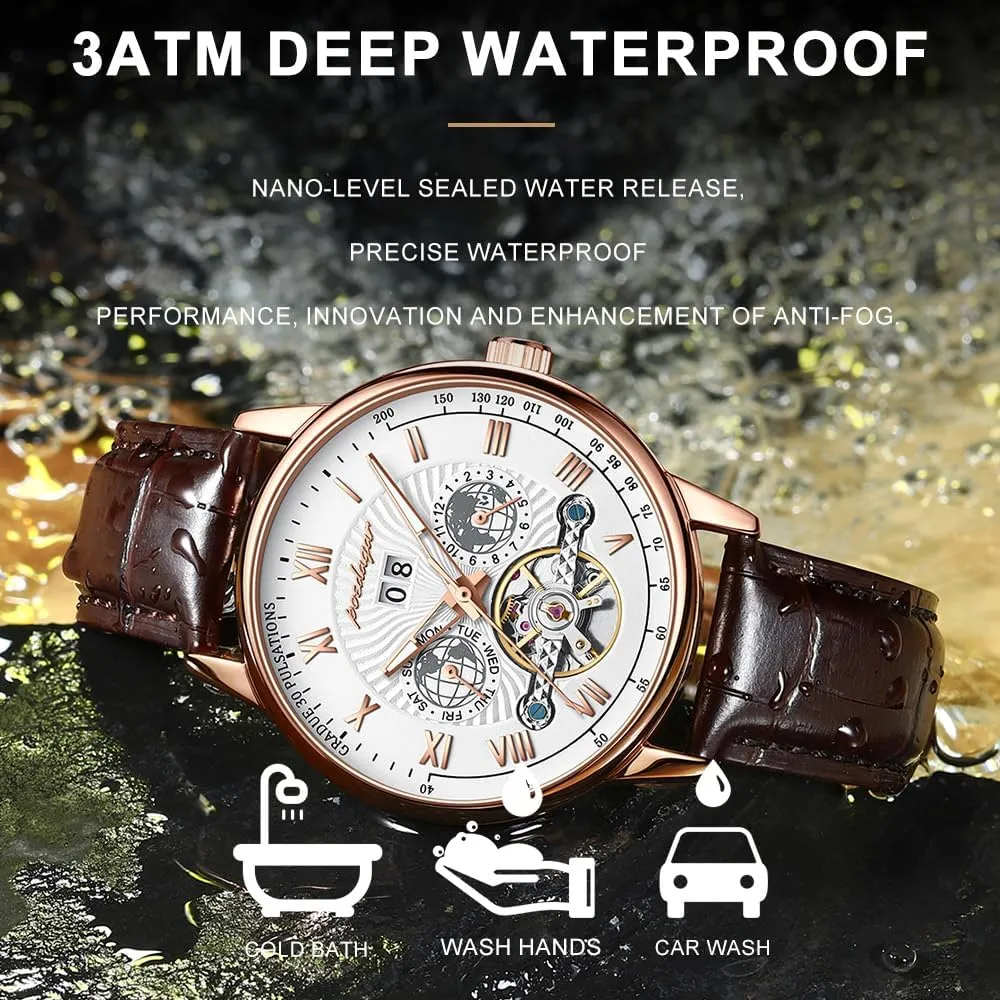 Leather usable lien clean Fashion Men's Watch Business Male Clock Leisure Automatique Mechanical Hollow Watch Luxury Waterproof Date&Week 