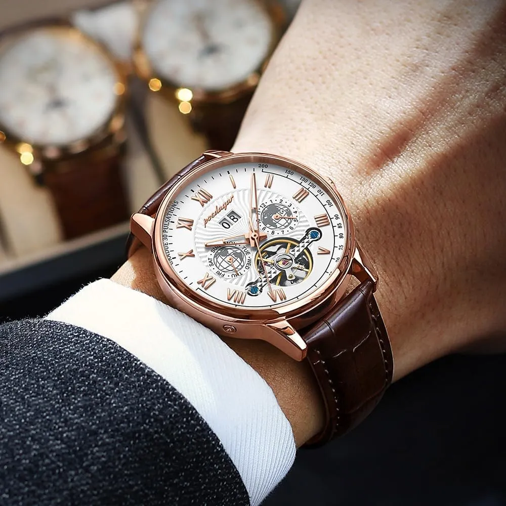 Leather usable lien clean Fashion Men's Watch Business Male Clock Leisure Automatique Mechanical Hollow Watch Luxury Waterproof Date&Week 