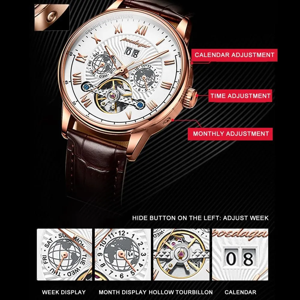 Leather usable lien clean Fashion Men's Watch Business Male Clock Leisure Automatique Mechanical Hollow Watch Luxury Waterproof Date&Week 