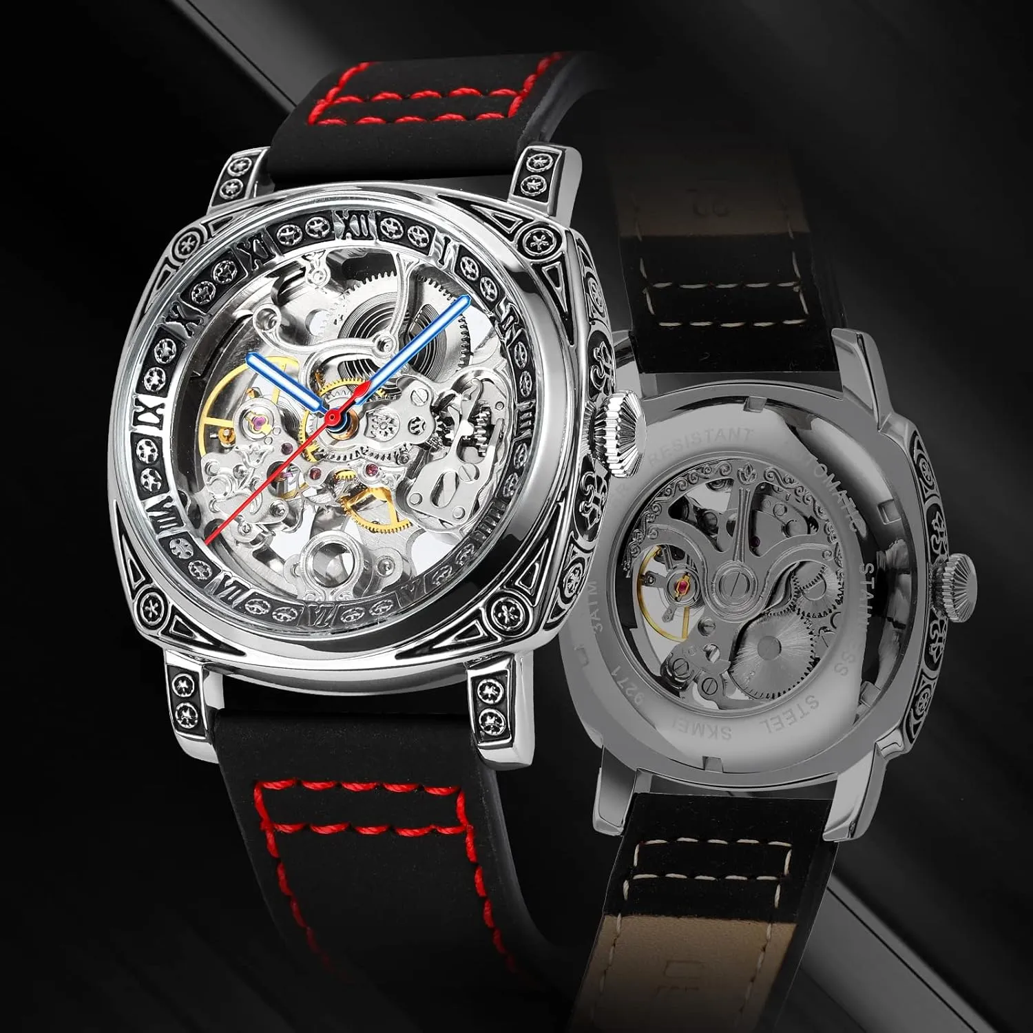 Leather Watch Bands Design with Classic Roman Number Business Watch for Men SKMEI Wrist Watch for Men, Fashion Mechanical Men Wrist Watch, Silver Skeleton Dial Automatic holocene deliberation frank hub personality ageism Movement 