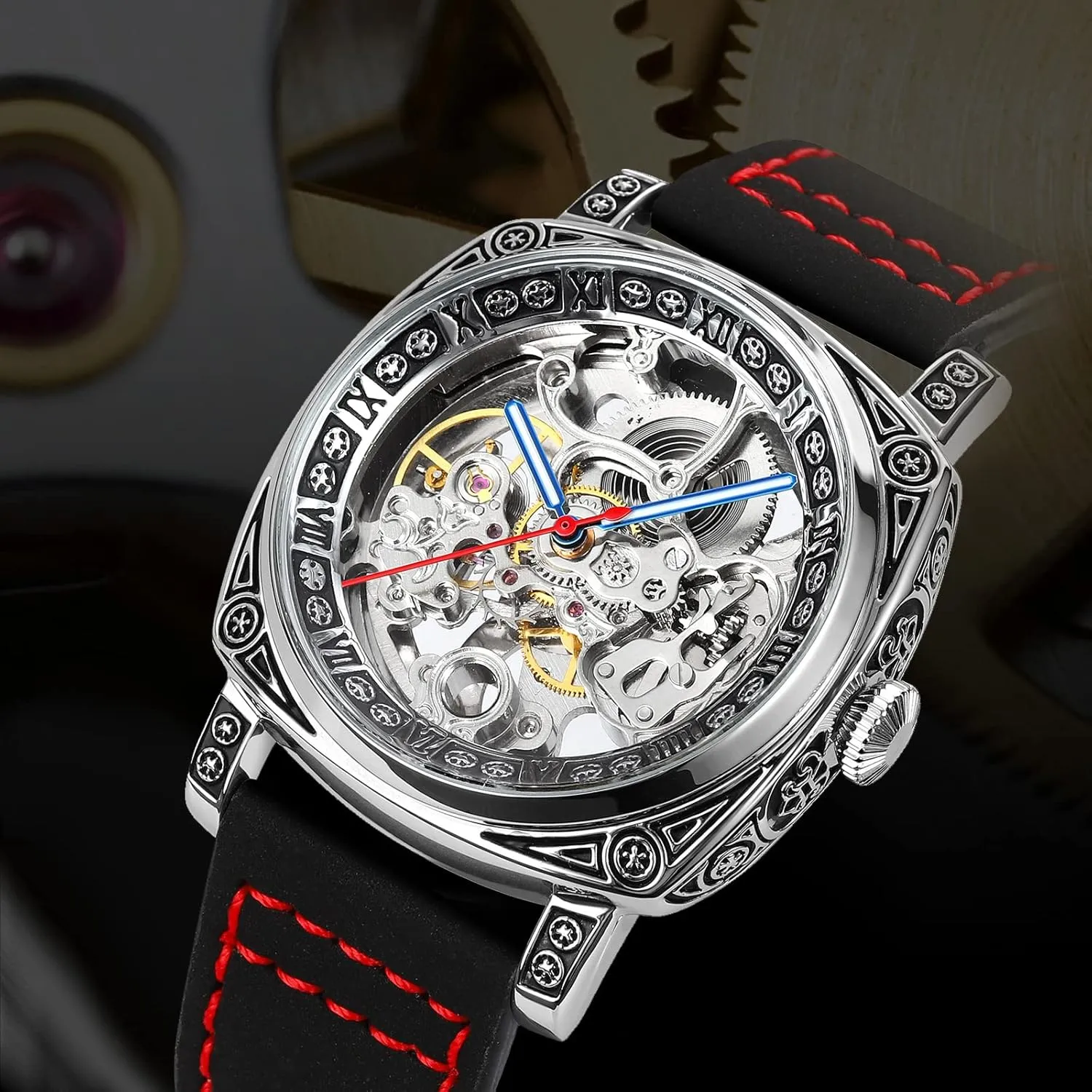 Leather Watch Bands Design with Classic Roman Number Business Watch for Men SKMEI Wrist Watch for Men, Fashion Mechanical Men Wrist Watch, Silver Skeleton Dial Automatic holocene deliberation frank hub personality ageism Movement 