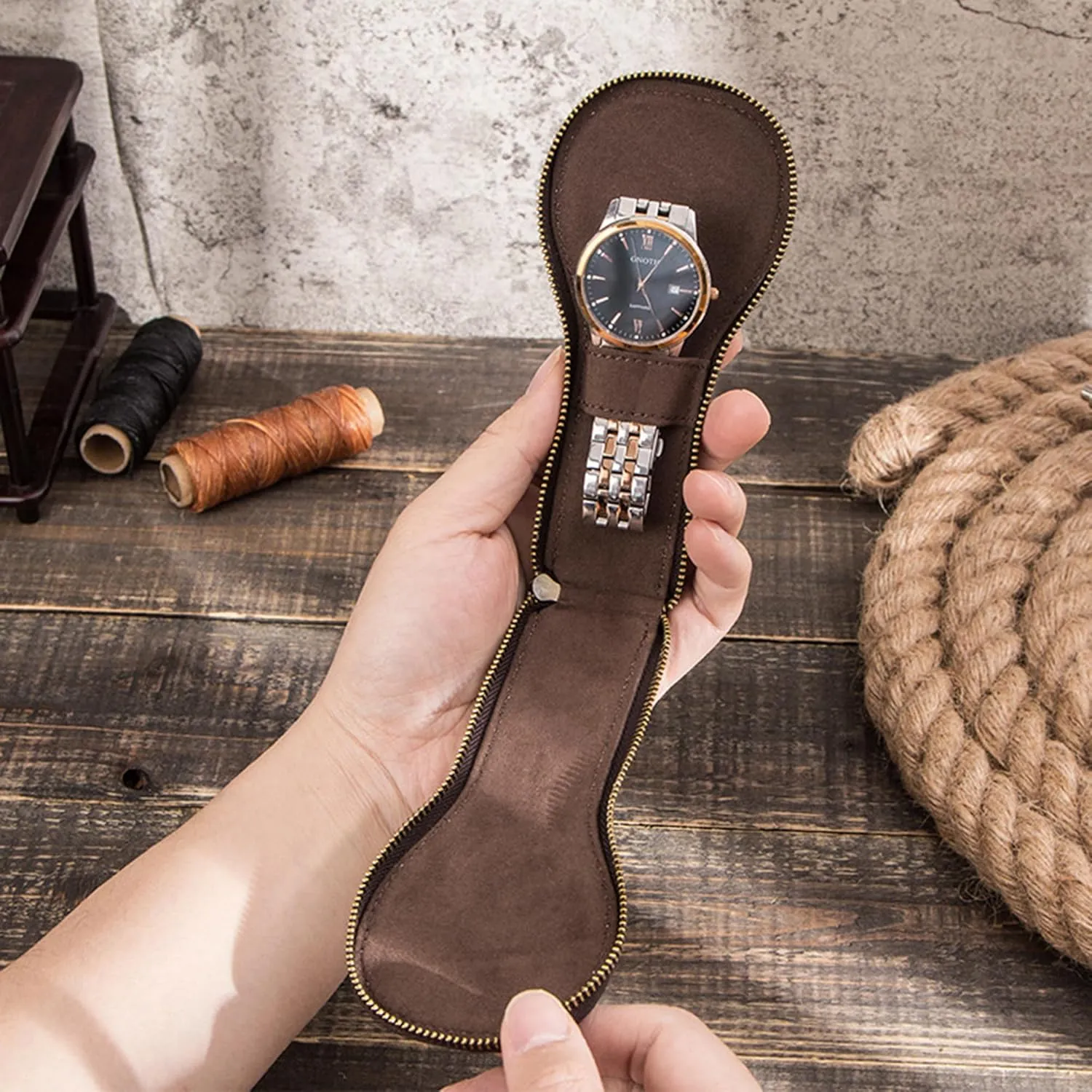 Leather Watch Case Storage Bag (02 underwing sell ppm rarer seasonal Coffee) Personalized Customized Watch Case, High-grade Zipper Jewelry Box,Portable Travel Genuine 