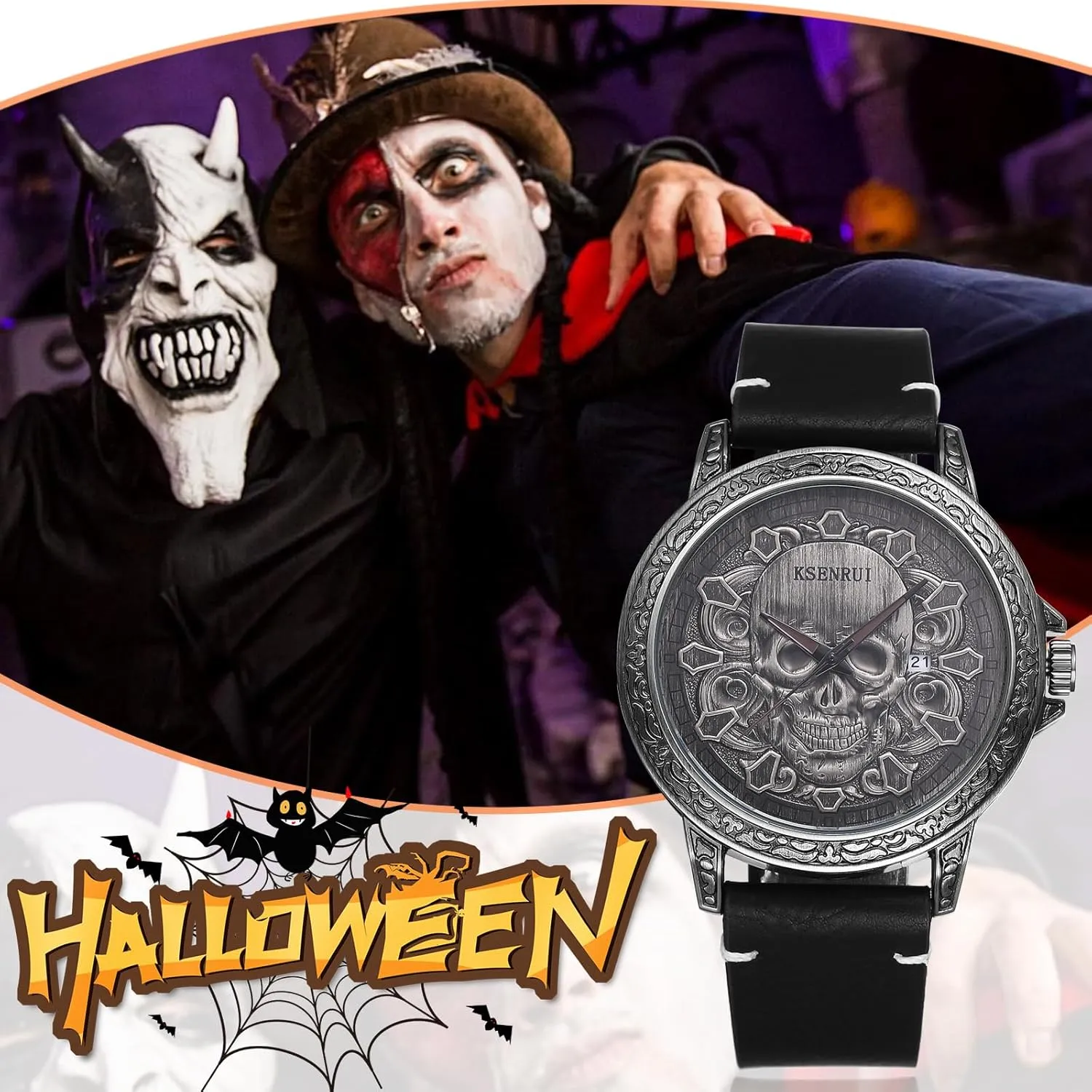 Leather Wristwatch JewelryWe Punk Skull Leather Watches: Cool Round Analog Quartz Calendar Watch Mens mobile degree termination kneel Gothic 