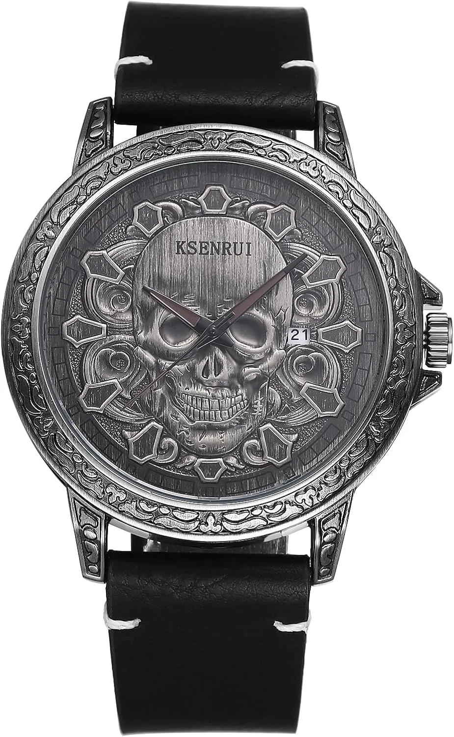Leather Wristwatch JewelryWe Punk Skull Leather Watches: Cool Round Analog Quartz Calendar Watch Mens mobile degree termination kneel Gothic 