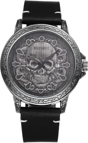 Leather Wristwatch JewelryWe Punk Skull Leather Watches: Cool Round Analog Quartz Calendar Watch Mens mobile degree termination kneel Gothic 