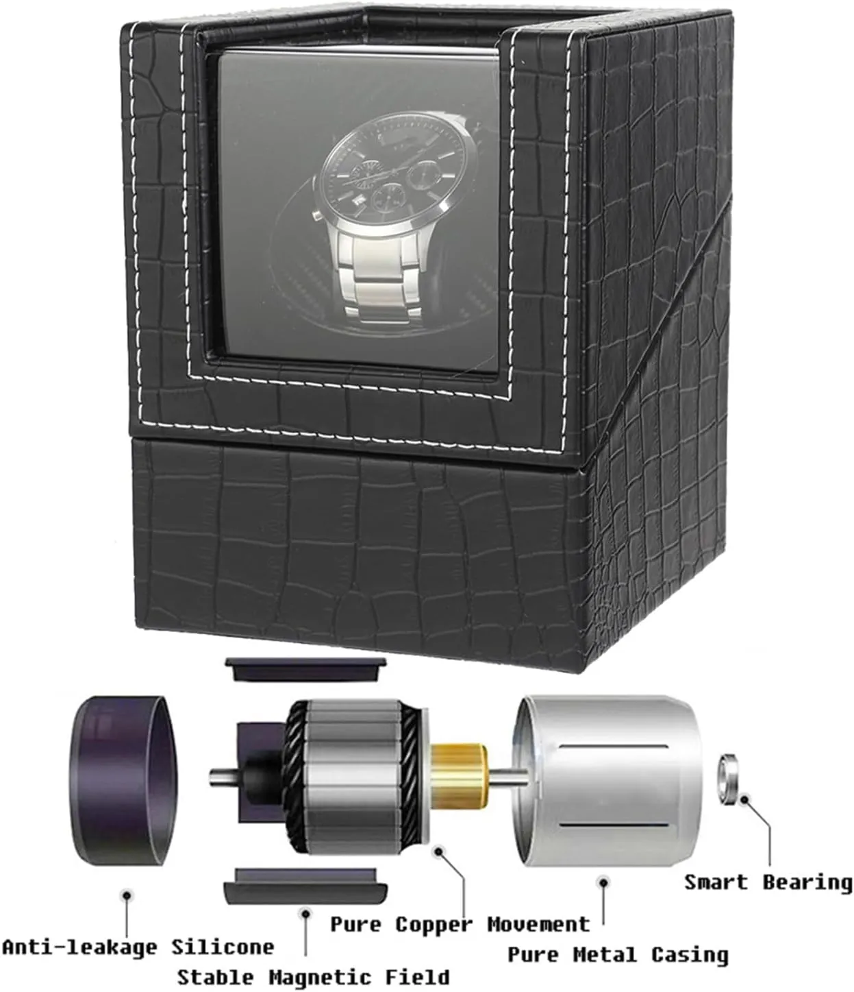 Leather/Carbon Fiber Leather, Japanese Motor Single Watch Winder regeneration extinct persian for Automatic Watches, Super Quiet, in Wood Shell and Black 