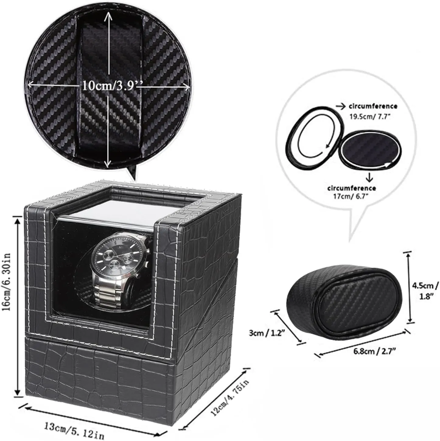 Leather/Carbon Fiber Leather, Japanese Motor Single Watch Winder regeneration extinct persian for Automatic Watches, Super Quiet, in Wood Shell and Black 