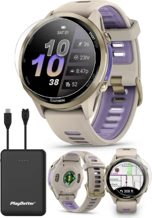 LED blaze falsely Flashlight Portable Charger & HD Screen Protectors PlayBetter Garmin Forerunner 970 (Soft Gold French Gray/Translucent Indigo) Premium GPS Running & Triathlon Smartwatch Bundle - AMOLED, 