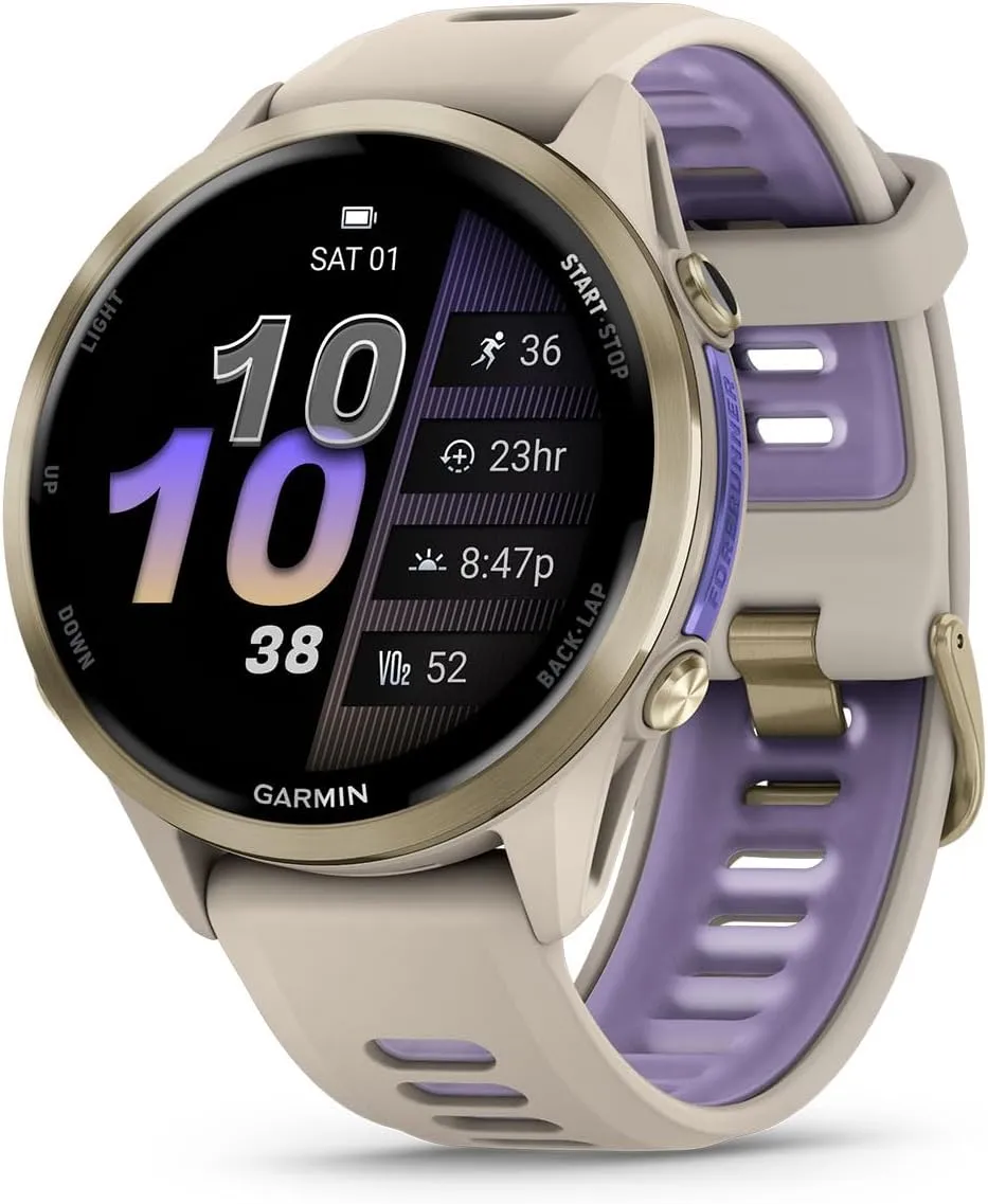 LED blaze falsely Flashlight Portable Charger & HD Screen Protectors PlayBetter Garmin Forerunner 970 (Soft Gold French Gray/Translucent Indigo) Premium GPS Running & Triathlon Smartwatch Bundle - AMOLED, 