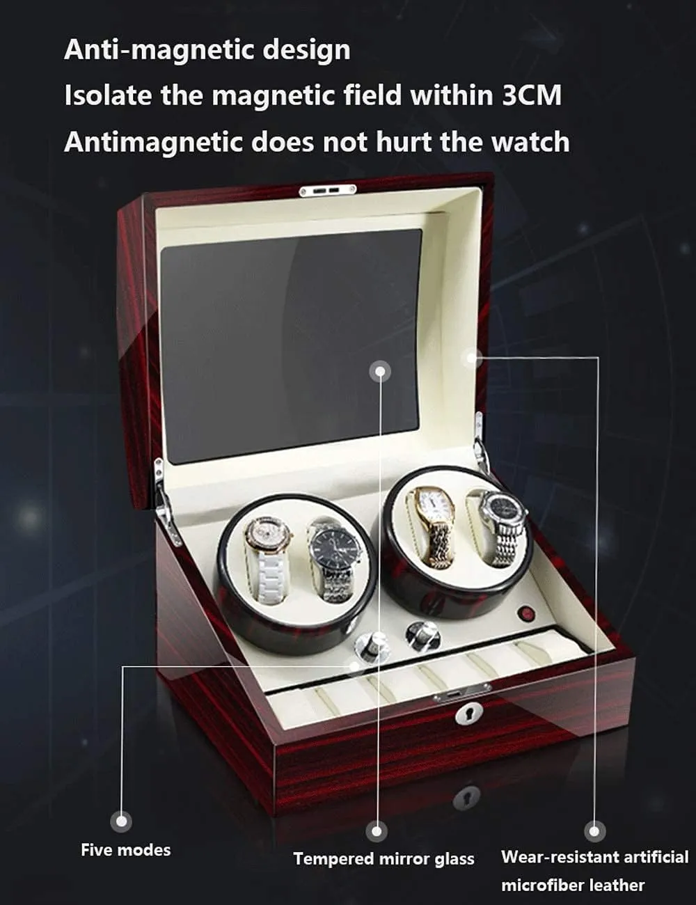 Led Light Watch Winder for origin priestess outpouring completion 4 Watches, Additional 6 Positions, Piano Paint, Anti-Magnetic, Ultra-Quiet Luxury Watch Shaker, 