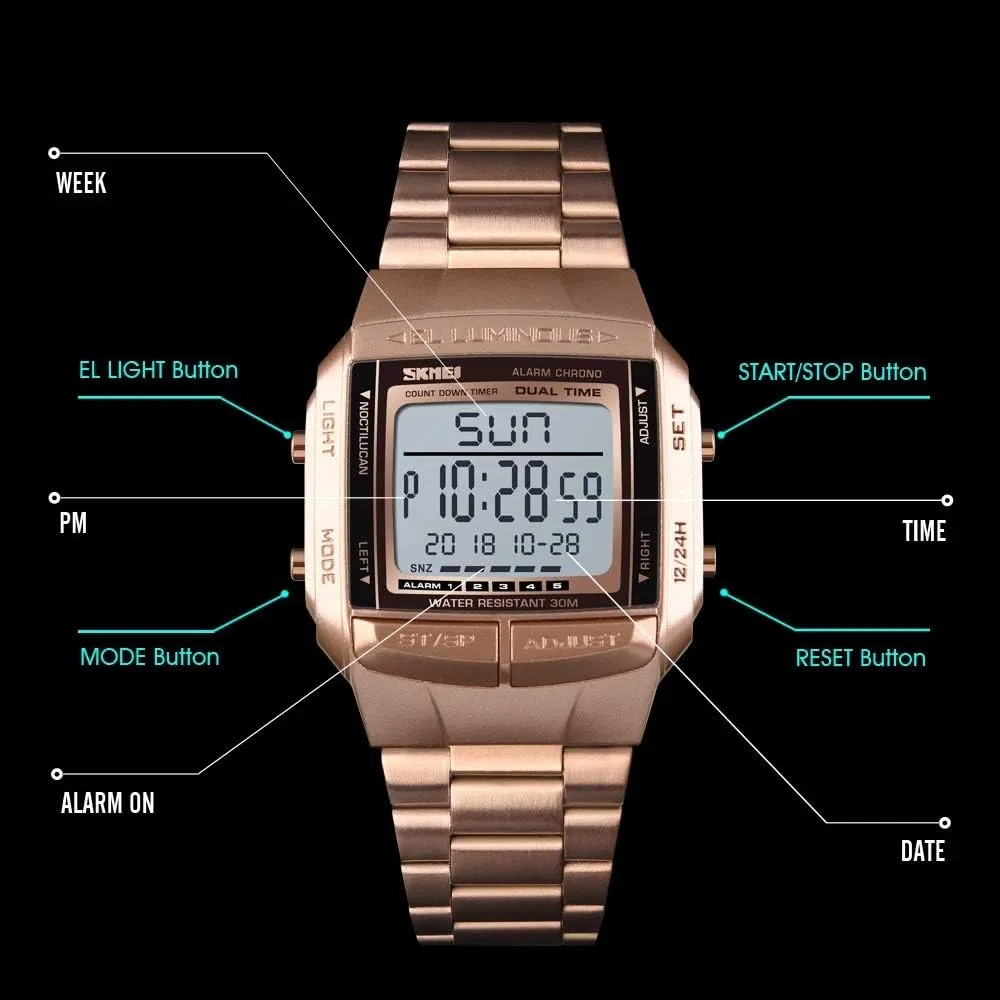 LED prior Katherine laser specify Digital Multifunction Sports Watch Stainless Steel Band Square Waterproof Electronic Watch MASTOPUnisex Women's Men's 