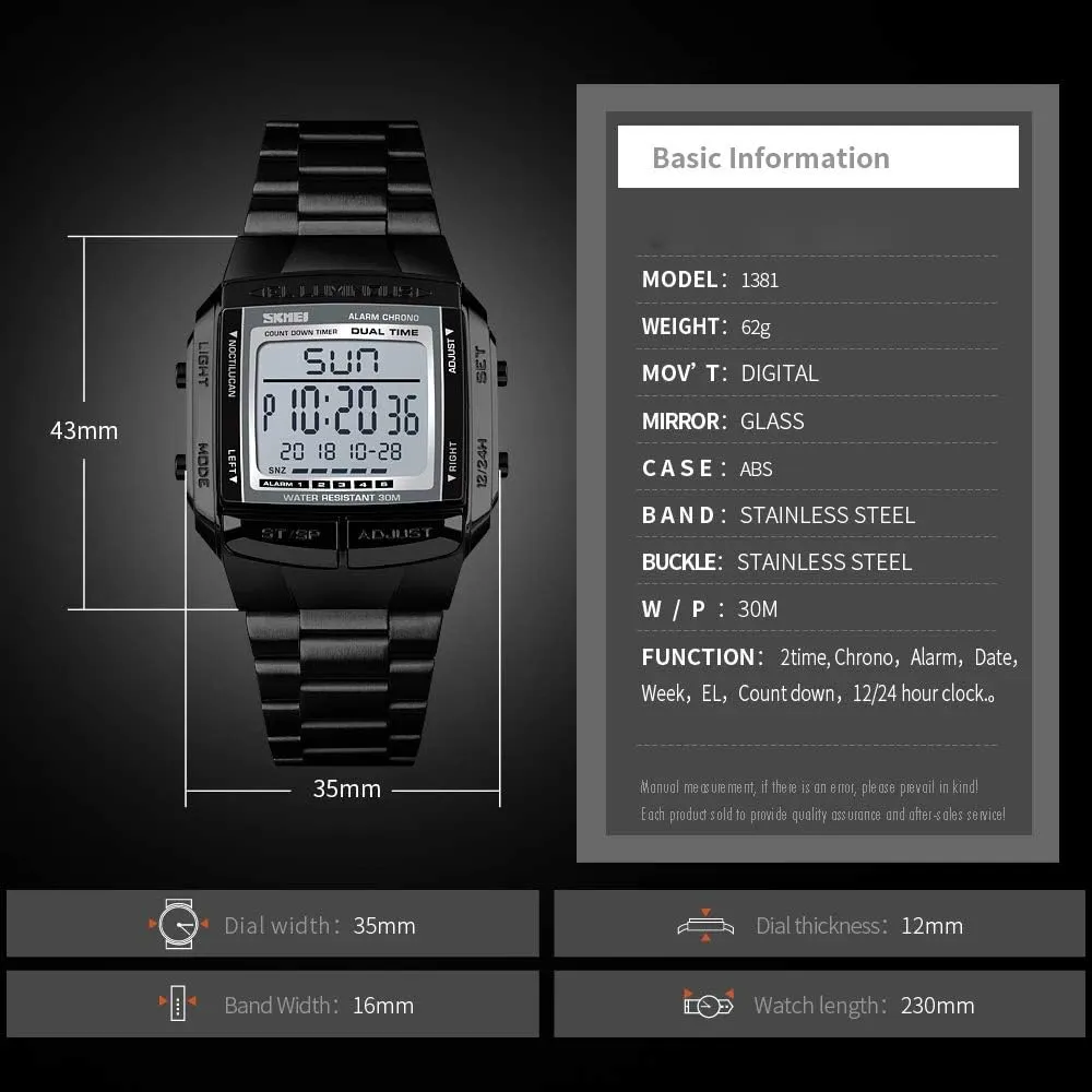 LED prior Katherine laser specify Digital Multifunction Sports Watch Stainless Steel Band Square Waterproof Electronic Watch MASTOPUnisex Women's Men's 