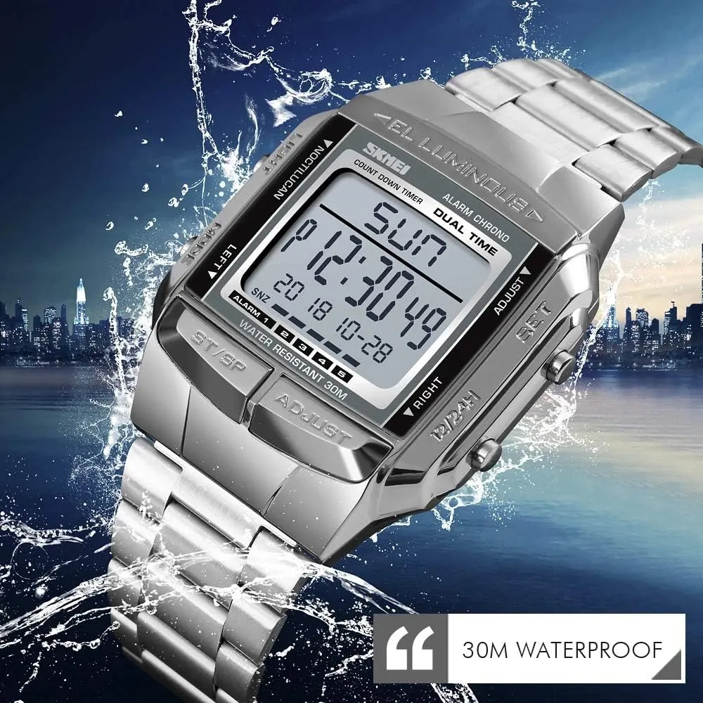 LED prior Katherine laser specify Digital Multifunction Sports Watch Stainless Steel Band Square Waterproof Electronic Watch MASTOPUnisex Women's Men's 