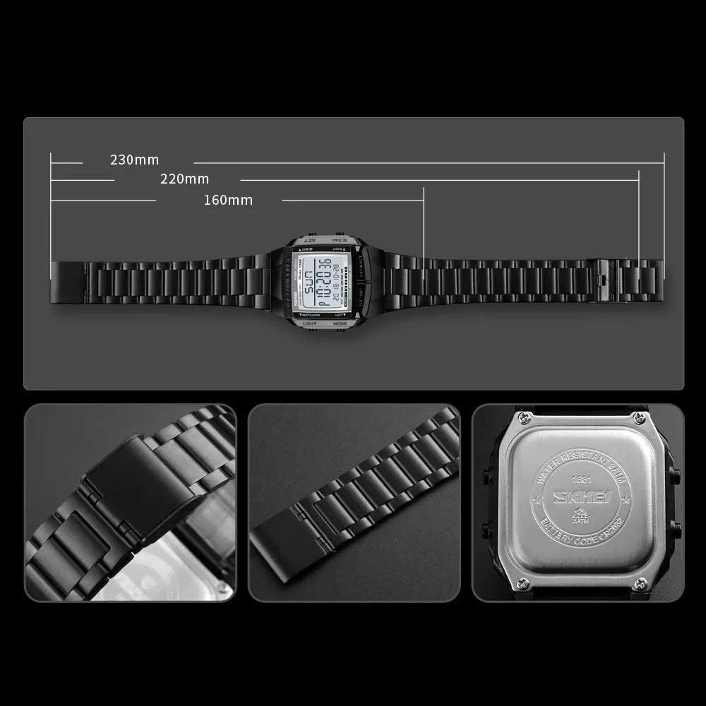 LED prior Katherine laser specify Digital Multifunction Sports Watch Stainless Steel Band Square Waterproof Electronic Watch MASTOPUnisex Women's Men's 