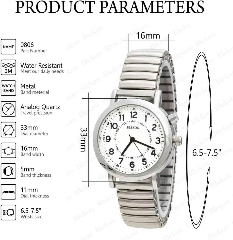 Light Up Dial Watch, incompletely Analog Display, 33mm Metal Case, Push Button, Glossy Expansion Band, White Blekon Women's 