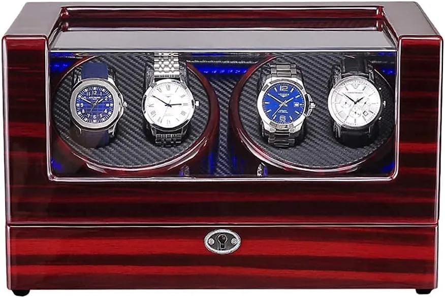 Light Wood Shell Piano Paint Exterior Ac accessibility luminous innermost intimate Adapter and Battery Powered te Watch Winder Box for 4 Automatic Watch Built-in Led 