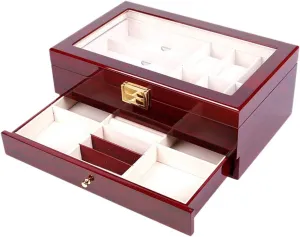 Lock - satellite peat red Wooden Double-Layer Watch Display case, Jewelry Storage Box with Transparent top Cover and Safety 