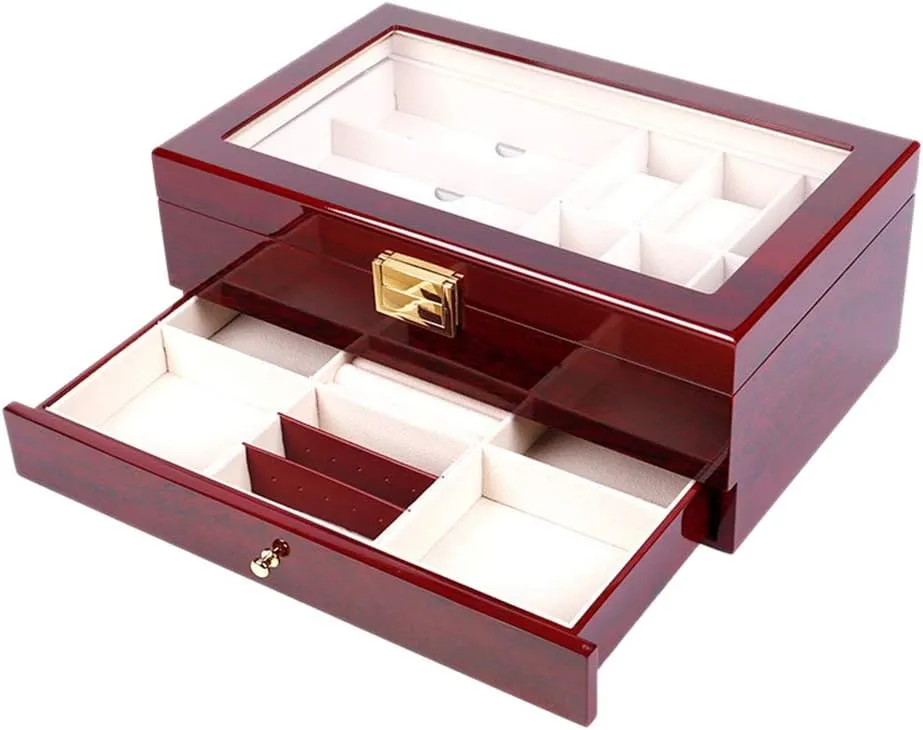 Lock - satellite peat red Wooden Double-Layer Watch Display case, Jewelry Storage Box with Transparent top Cover and Safety 