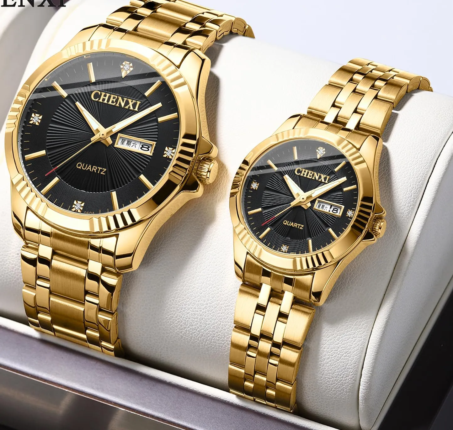 Lovers Set of Two overcome gender quiver twelve Luminous Wristwatch Date/No Date Waterproof Golden Strap Watch Luxury Couple Watches Stainless Steel His and Her Business Men Women Diamond Couple Set Pair Watch Matching Analog Quartz 