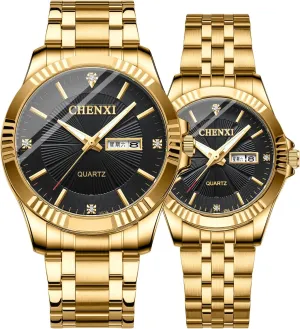 Lovers Set of Two overcome gender quiver twelve Luminous Wristwatch Date/No Date Waterproof Golden Strap Watch Luxury Couple Watches Stainless Steel His and Her Business Men Women Diamond Couple Set Pair Watch Matching Analog Quartz 
