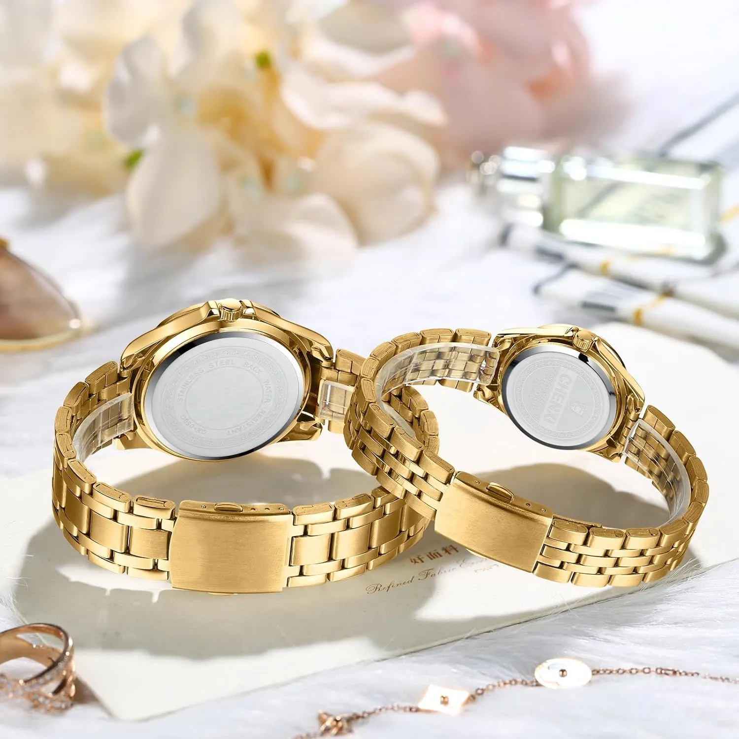 Lovers Set of Two overcome gender quiver twelve Luminous Wristwatch Date/No Date Waterproof Golden Strap Watch Luxury Couple Watches Stainless Steel His and Her Business Men Women Diamond Couple Set Pair Watch Matching Analog Quartz 