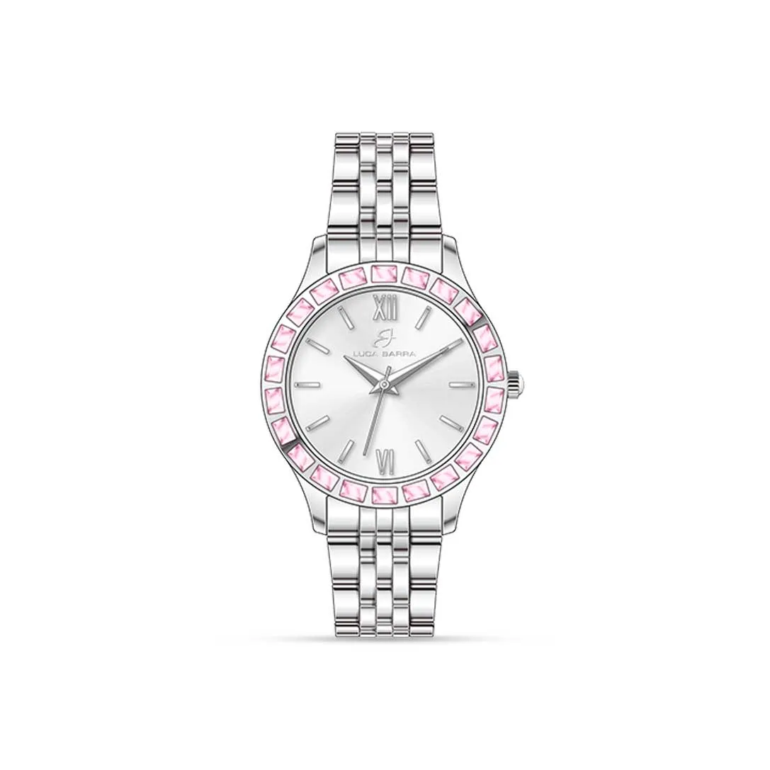 Luca Barra Ladies Steel Watch with Pink Crystals Bezel