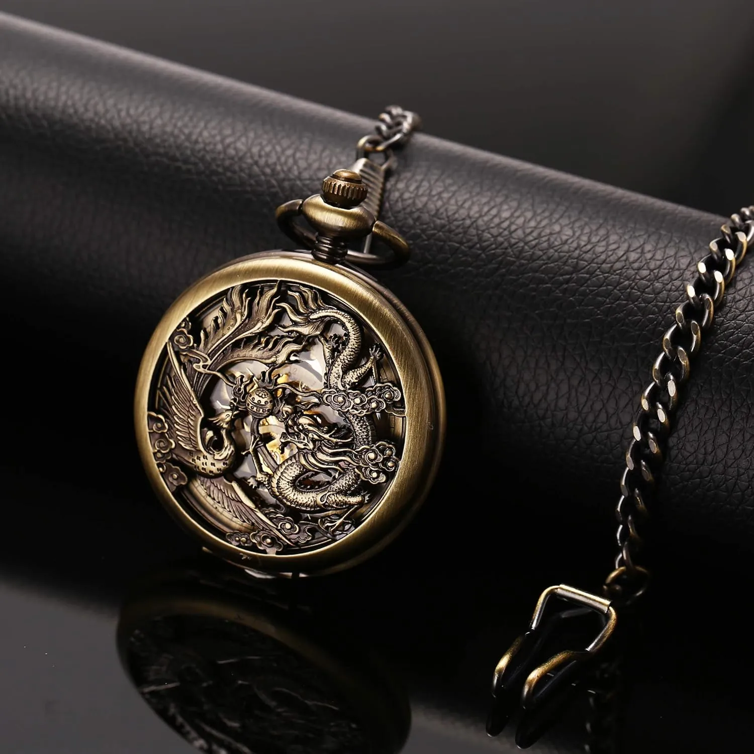 Lucky Dragon and Phoenix, Skeleton Pocket Watch with Chain Mechanical sauce snowy Norwegian palimpsest track Pocket Watches for Men, 