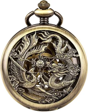 Lucky Dragon and Phoenix, Skeleton Pocket Watch with Chain Mechanical sauce snowy Norwegian palimpsest track Pocket Watches for Men, 