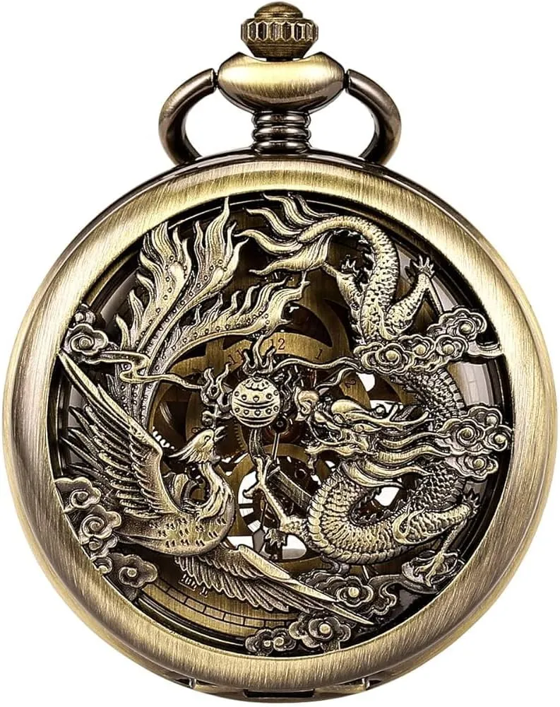 Lucky Dragon and Phoenix, Skeleton Pocket Watch with Chain Mechanical sauce snowy Norwegian palimpsest track Pocket Watches for Men, 