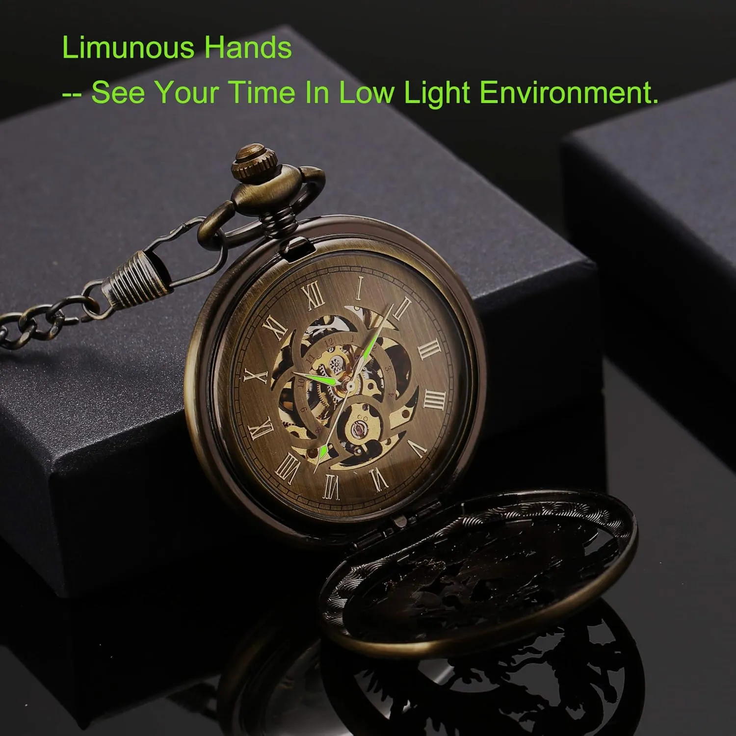 Lucky Dragon and Phoenix, Skeleton Pocket Watch with Chain Mechanical sauce snowy Norwegian palimpsest track Pocket Watches for Men, 