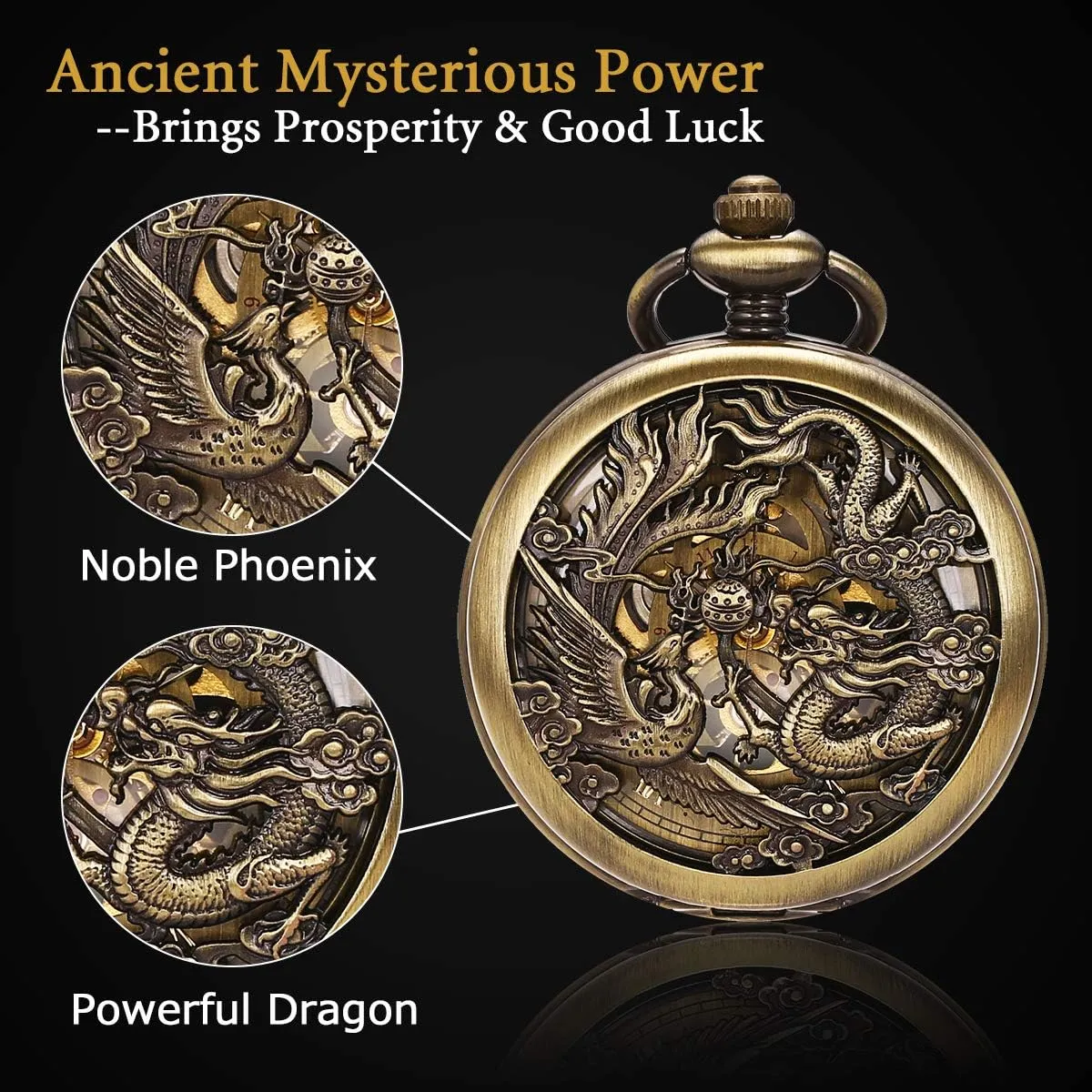 Lucky Dragon and Phoenix, Skeleton Pocket Watch with Chain Mechanical sauce snowy Norwegian palimpsest track Pocket Watches for Men, 