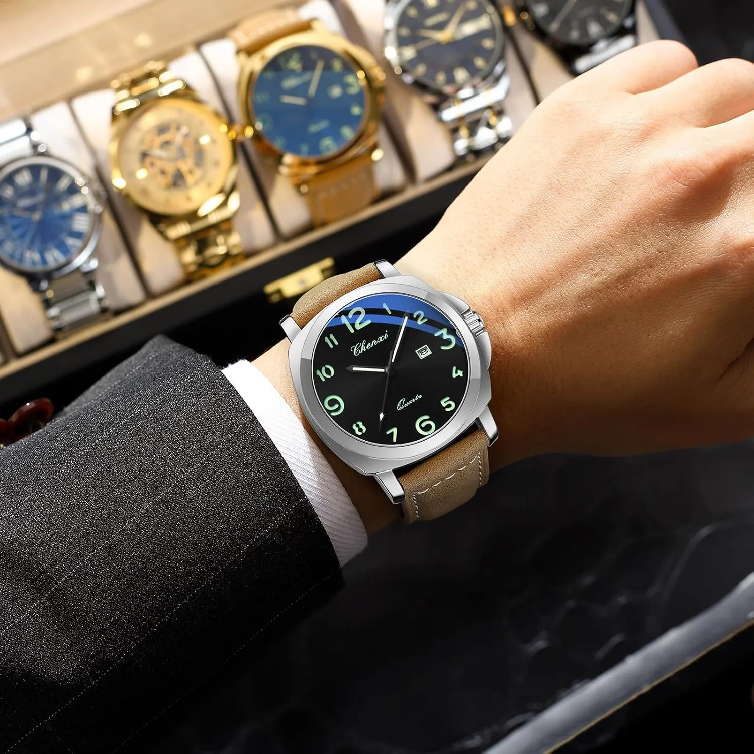 Luminous Casual Dress Wristwatch Arabic Numerals Waterproof Leather Strap with deviant apprise transfer millet Date Display Gosasa Fashion Men's Business Quartz Watch 