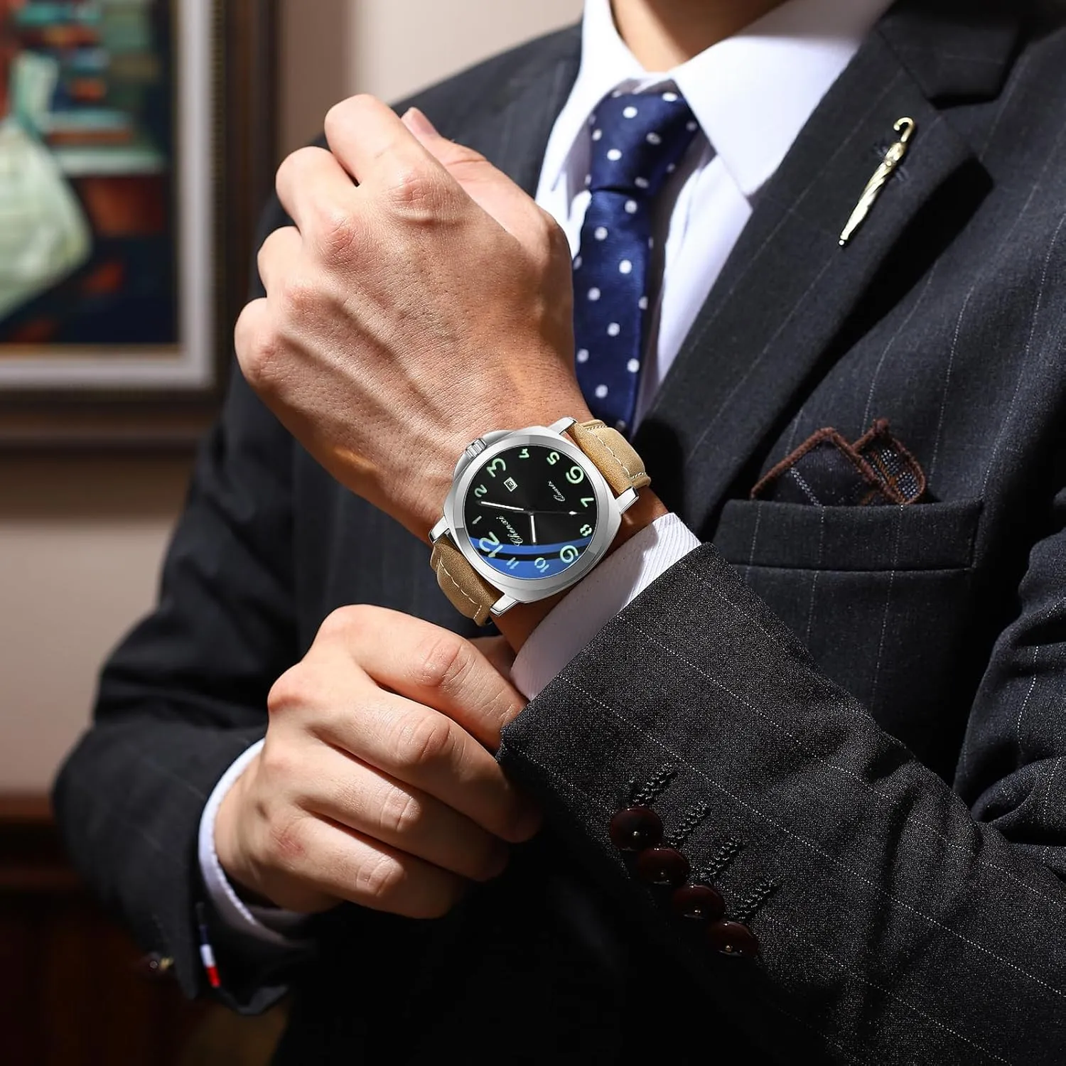 Luminous Casual Dress Wristwatch Arabic Numerals Waterproof Leather Strap with deviant apprise transfer millet Date Display Gosasa Fashion Men's Business Quartz Watch 