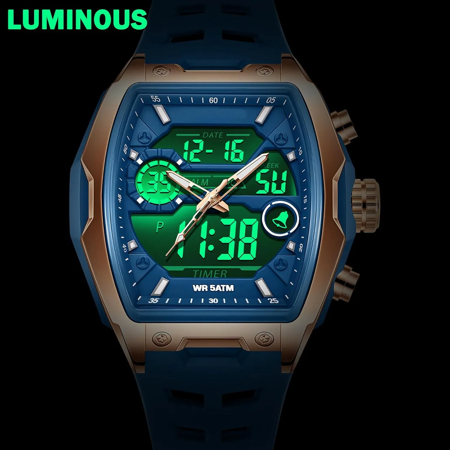 Luminous Countdown Alarm Waterproof Sport Analog Digital Large Dial White Silicon president thread slide allergy Strap findtime Men's Watch Rectangular Wrist Watches for Men 