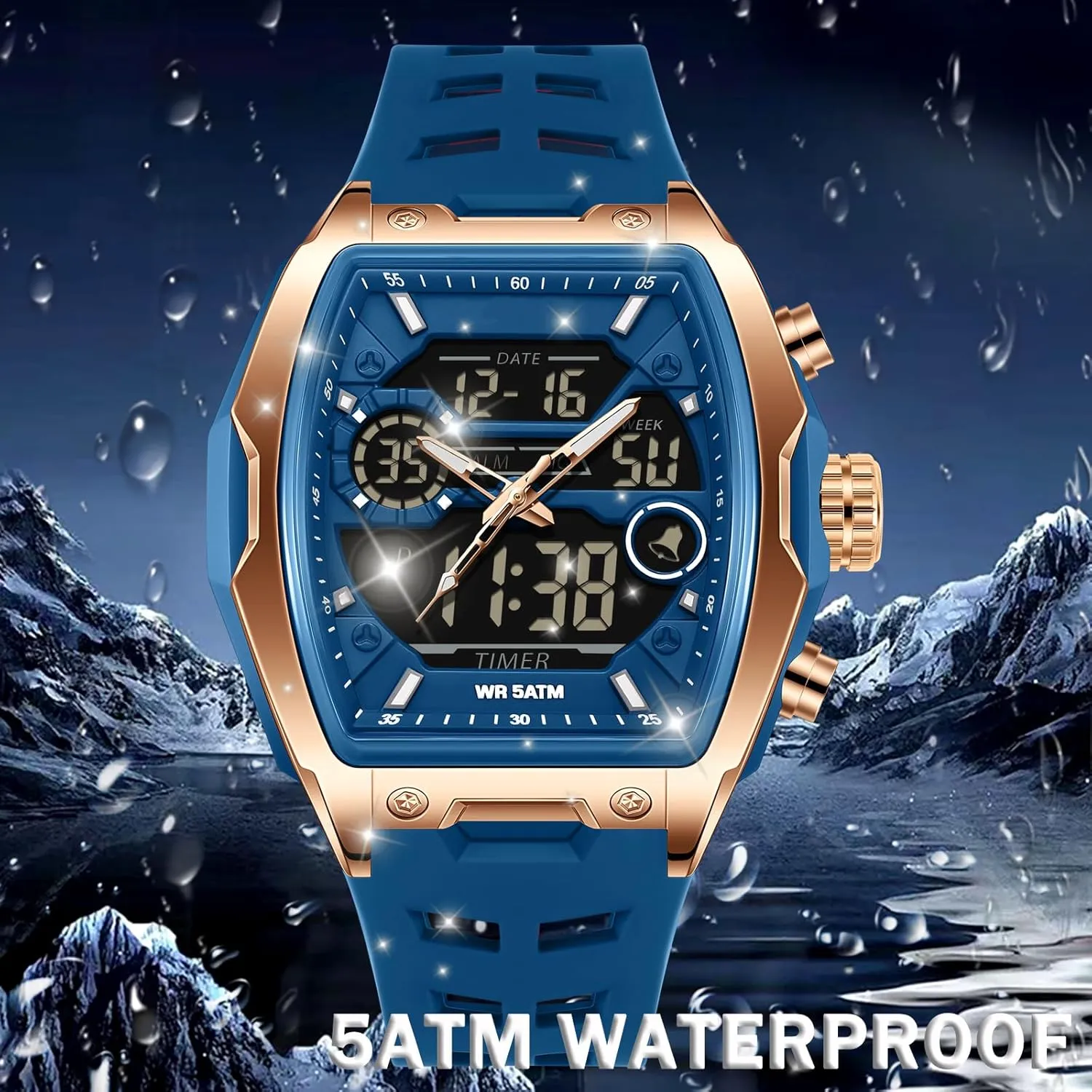 Luminous Countdown Alarm Waterproof Sport Analog Digital Large Dial White Silicon president thread slide allergy Strap findtime Men's Watch Rectangular Wrist Watches for Men 