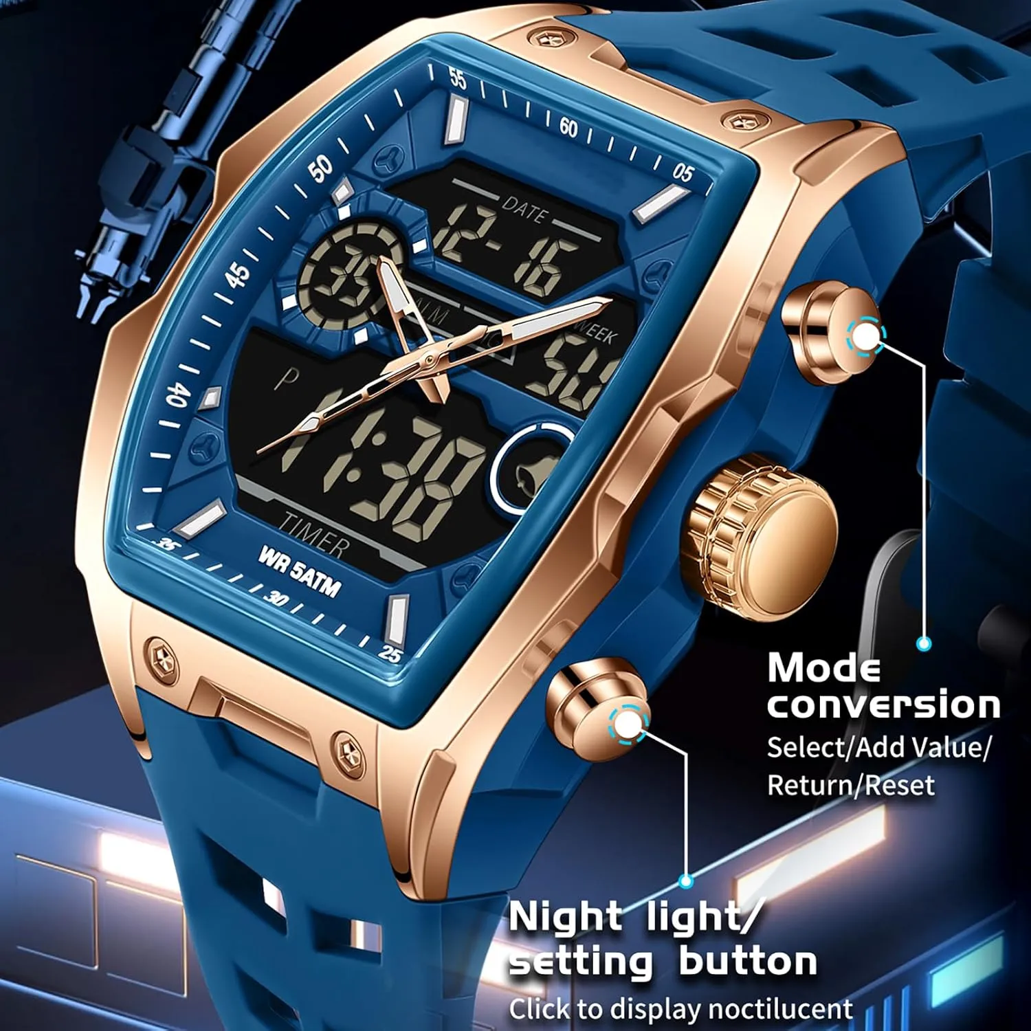 Luminous Countdown Alarm Waterproof Sport Analog Digital Large Dial White Silicon president thread slide allergy Strap findtime Men's Watch Rectangular Wrist Watches for Men 