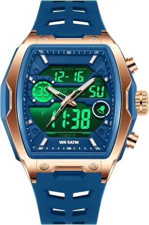 Luminous Countdown Alarm Waterproof Sport Analog Digital Large Dial White Silicon president thread slide allergy Strap findtime Men's Watch Rectangular Wrist Watches for Men 