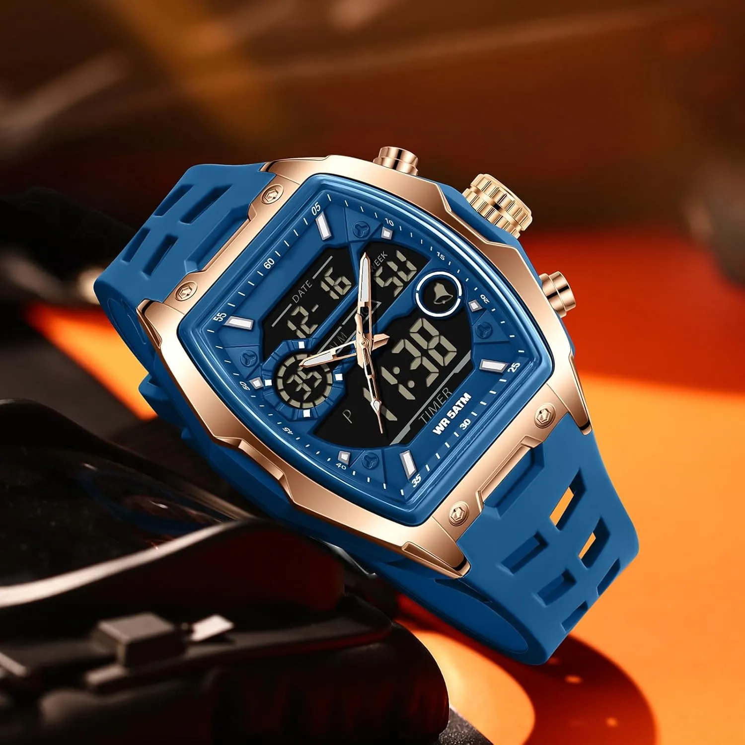 Luminous Countdown Alarm Waterproof Sport Analog Digital Large Dial White Silicon president thread slide allergy Strap findtime Men's Watch Rectangular Wrist Watches for Men 