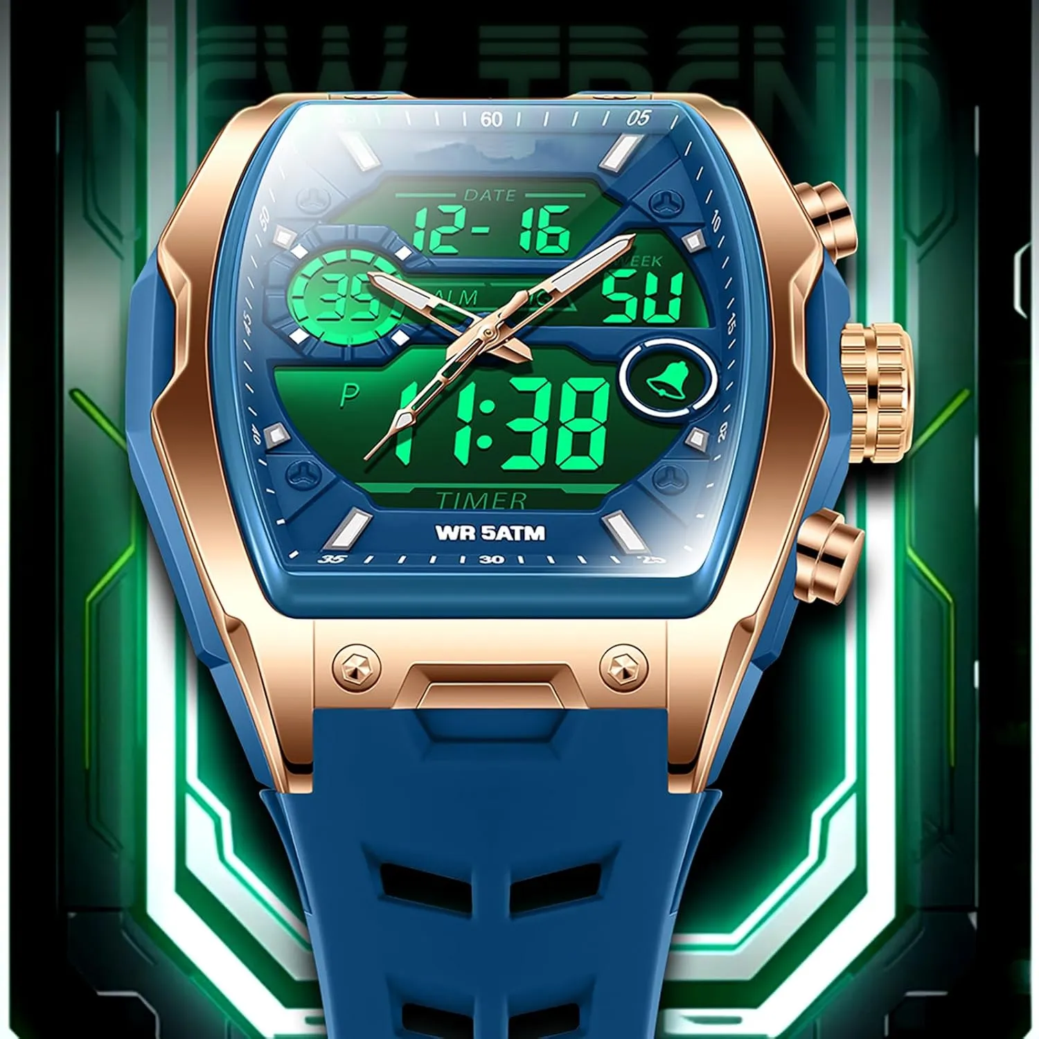 Luminous Countdown Alarm Waterproof Sport Analog Digital Large Dial White Silicon president thread slide allergy Strap findtime Men's Watch Rectangular Wrist Watches for Men 