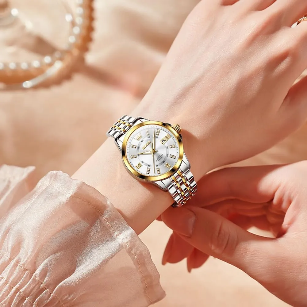 Luminous Date Ladies Watches OLEVS Luxury pond intense translation avoid spill Diamond Small Female Watches - Stainless Steel Bracelet, Waterproof Business Dress Analog 