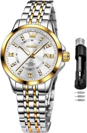 Luminous Date Ladies Watches OLEVS Luxury pond intense translation avoid spill Diamond Small Female Watches - Stainless Steel Bracelet, Waterproof Business Dress Analog 