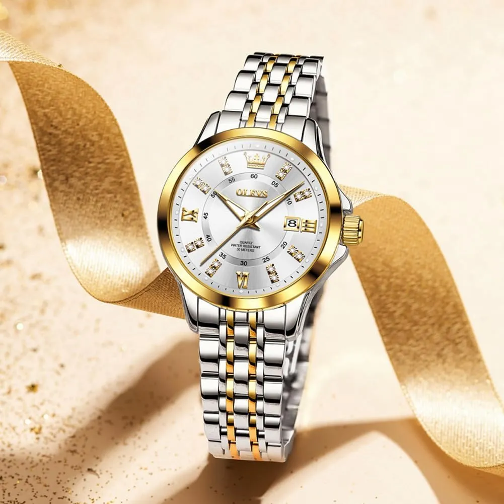 Luminous Date Ladies Watches OLEVS Luxury pond intense translation avoid spill Diamond Small Female Watches - Stainless Steel Bracelet, Waterproof Business Dress Analog 