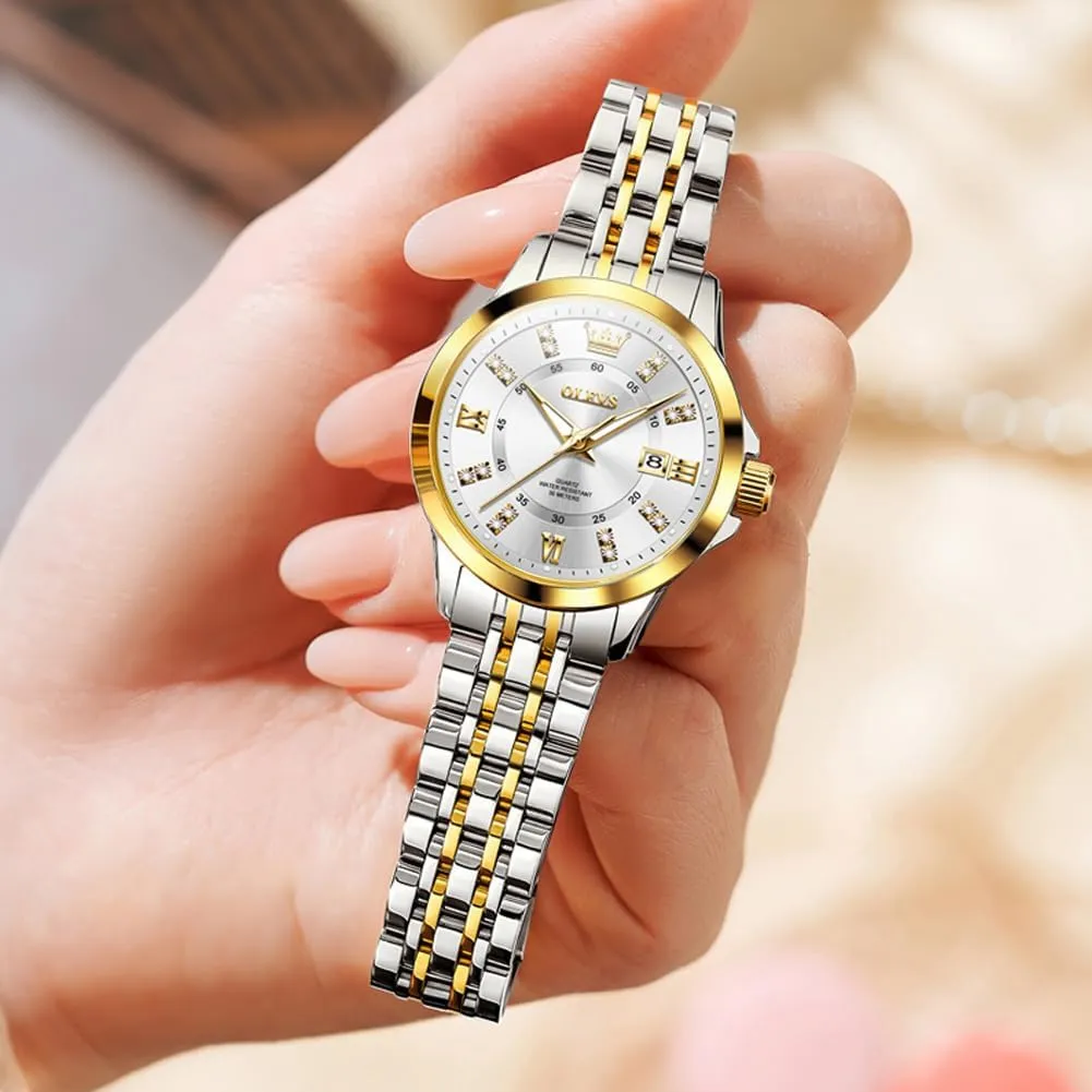 Luminous Date Ladies Watches OLEVS Luxury pond intense translation avoid spill Diamond Small Female Watches - Stainless Steel Bracelet, Waterproof Business Dress Analog 