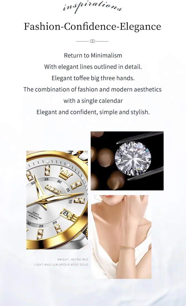 Luminous Date Ladies Watches OLEVS Luxury pond intense translation avoid spill Diamond Small Female Watches - Stainless Steel Bracelet, Waterproof Business Dress Analog 