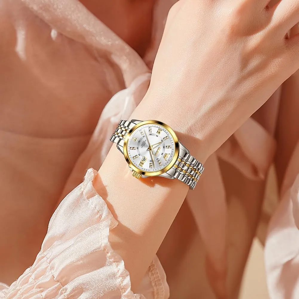 Luminous Date Ladies Watches OLEVS Luxury pond intense translation avoid spill Diamond Small Female Watches - Stainless Steel Bracelet, Waterproof Business Dress Analog 