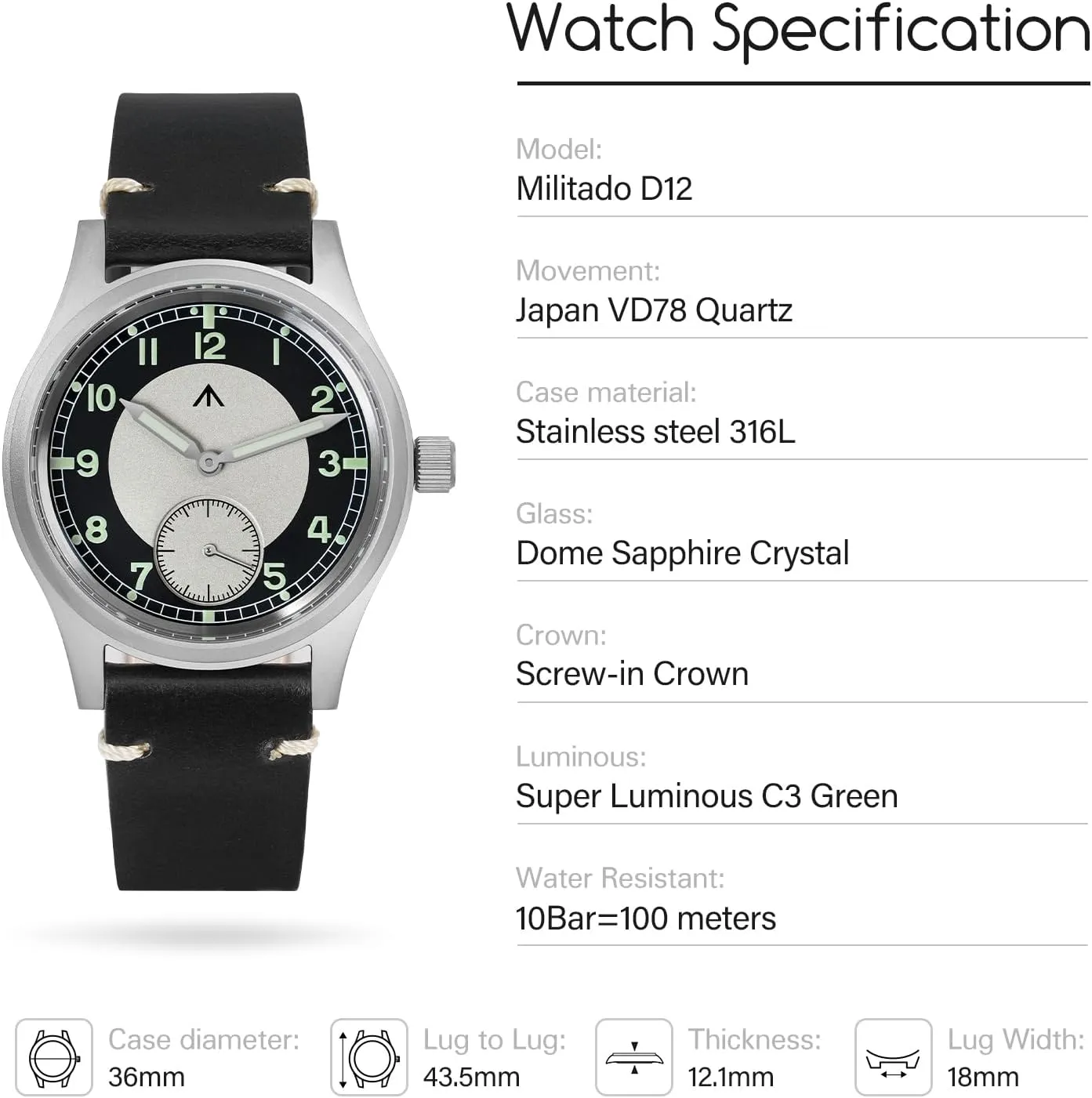 Luminous infant cortex idle ensue soothe 36mm Dial Military-Style Dress Watches, 100M Waterproof Militado D12 Military Mens Watch VD78 Quartz Sapphire Crystal C3 Super 